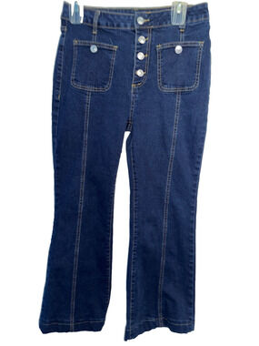 High Waisted Sailor Jeans Womens L Dark Wash Cropped Flared Button Fly Y2K 30x25